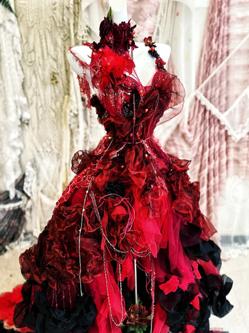 Stunning Burgundy Ball Gown Spaghetti Strap Floral Beaded Tulle Prom Dress 16th Birthday Dress HZ1023